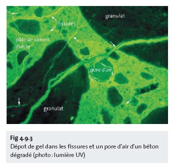 Dépot de gel dans les fissures et un pore d'air d'un béton dégradé (photo : lumière UV) Dépot de gel dans les fissures et un pore d'air d'un béton dégradé (photo : lumière UV)